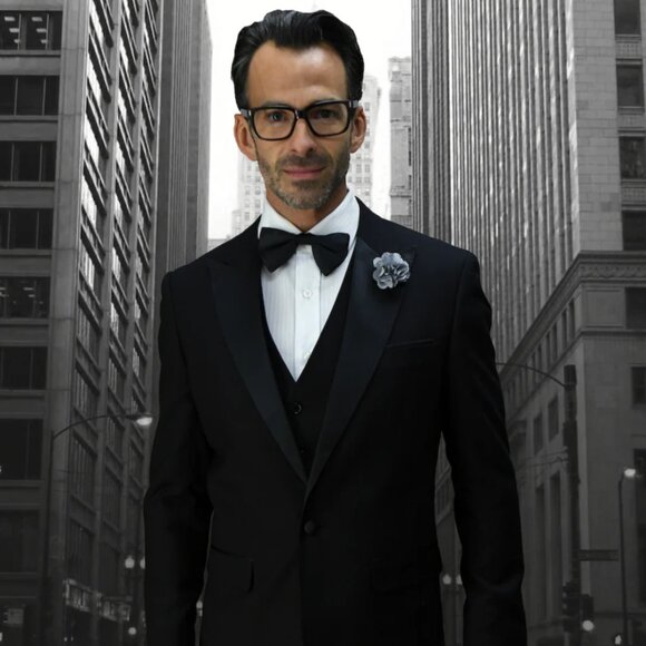 Mens 1 Button Peak Lapel Vested Wool Tuxedo in Black - Picture 1 of 2